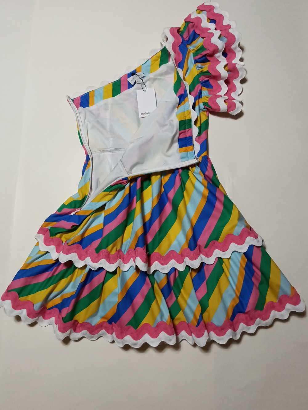 Sugarlips Rainbow Stripe One-Shoulder Tiered Rick Rack Mini Dress Size XS - Picture 7 of 12